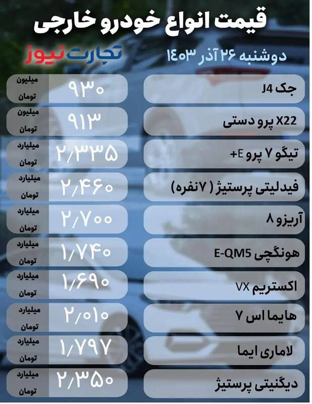 قیمت خودرو امروز ۲۶ آذر +جدول